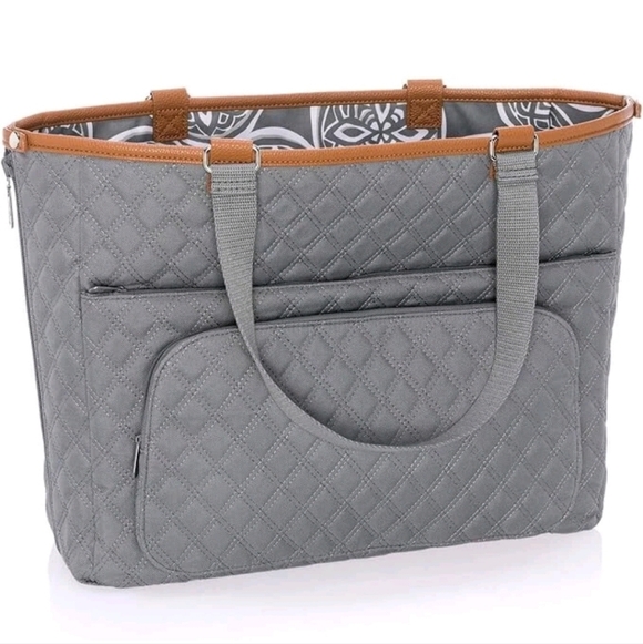 Thirty One Large Double Take Tote Grey Reversible Woodblock & Quilted Diamond - Picture 7 of 10